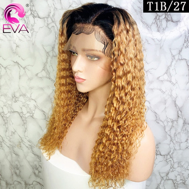 Eva Curly 13x6 Lace Front Human Hair Wigs Ombre 370 Lace Frontal Wigs Pre Plucked With Baby Hair Fake Scalp Wig Brazilian Remy