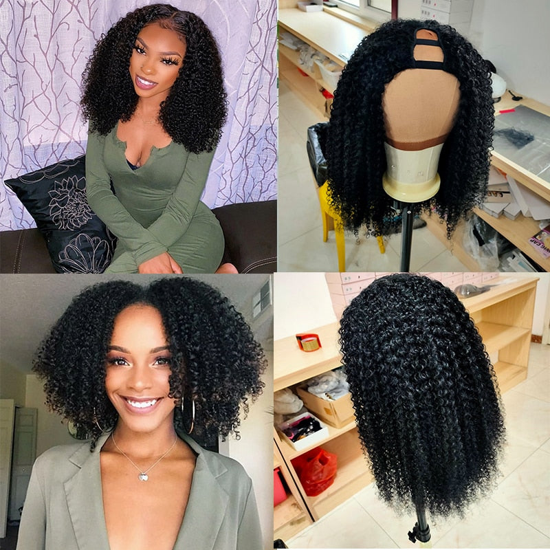 U Part Wig Kinky Curly Human Hair Wig 150 180 Density Middle Part Pre Plucked Brazilian Remy Human Hair Wigs For Women WoWEbony