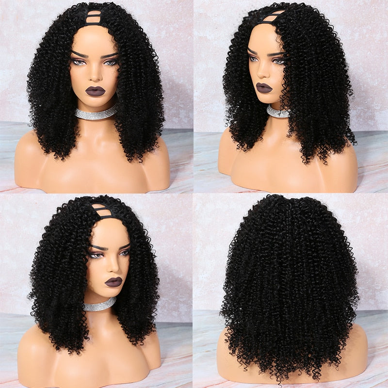 U Part Wig Kinky Curly Human Hair Wig 150 180 Density Middle Part Pre Plucked Brazilian Remy Human Hair Wigs For Women WoWEbony