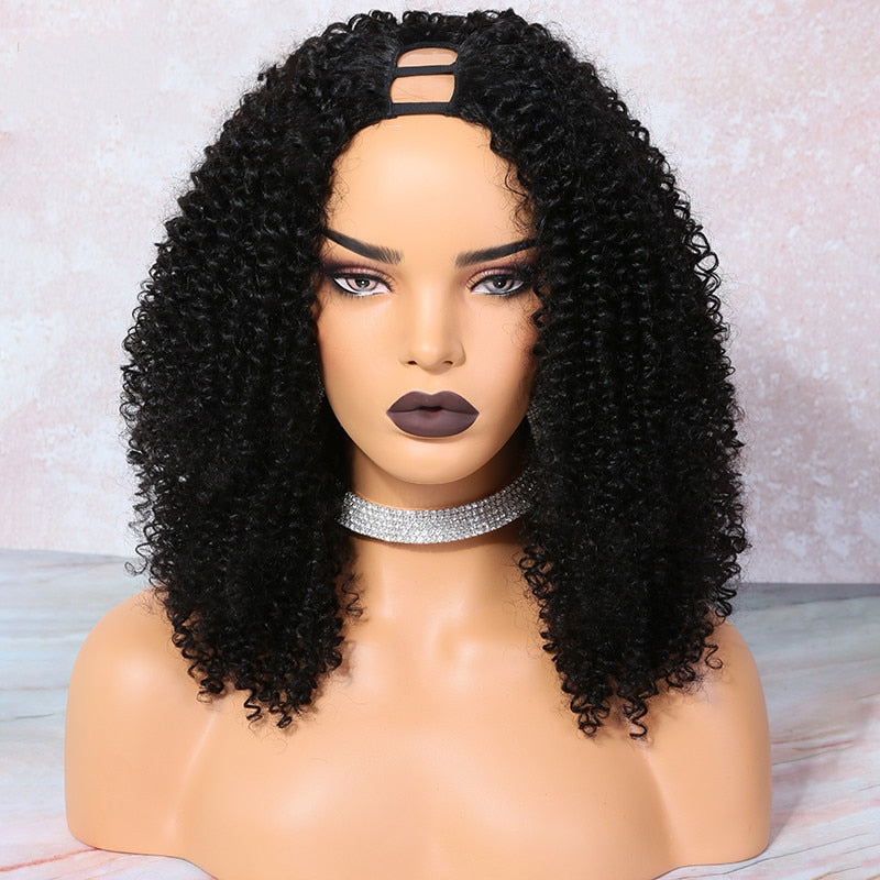 U Part Wig Kinky Curly Human Hair Wig 150 180 Density Middle Part Pre Plucked Brazilian Remy Human Hair Wigs For Women WoWEbony